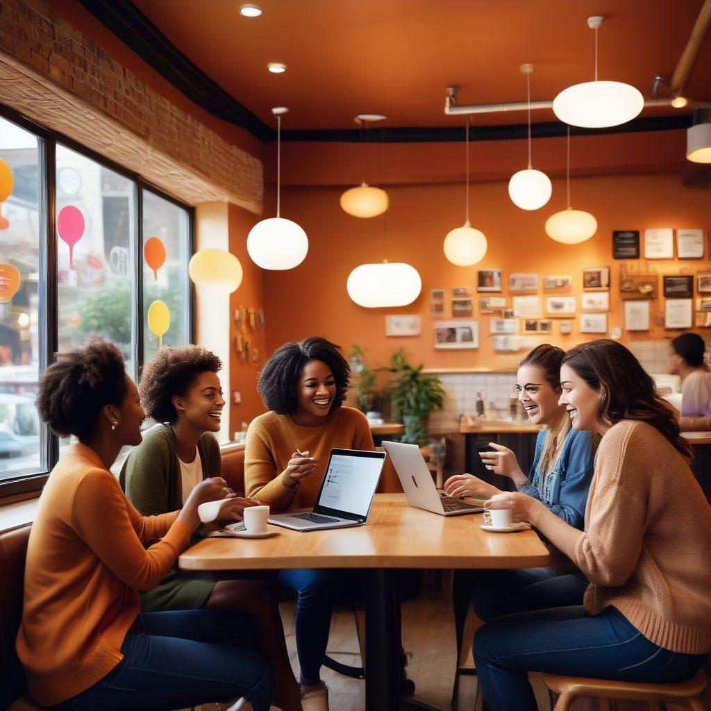 A vibrant coffee shop scene filled with various people engaged in delightful conversations over their laptops and smartphones, showcasing diverse expressions of joy and connection. Include speech bubbles with positive chat snippets flowing around them, emphasizing the theme of engaging text interactions. Warm colors and a cozy atmosphere complete the visual narrative. super-realistic. vibrant colors.