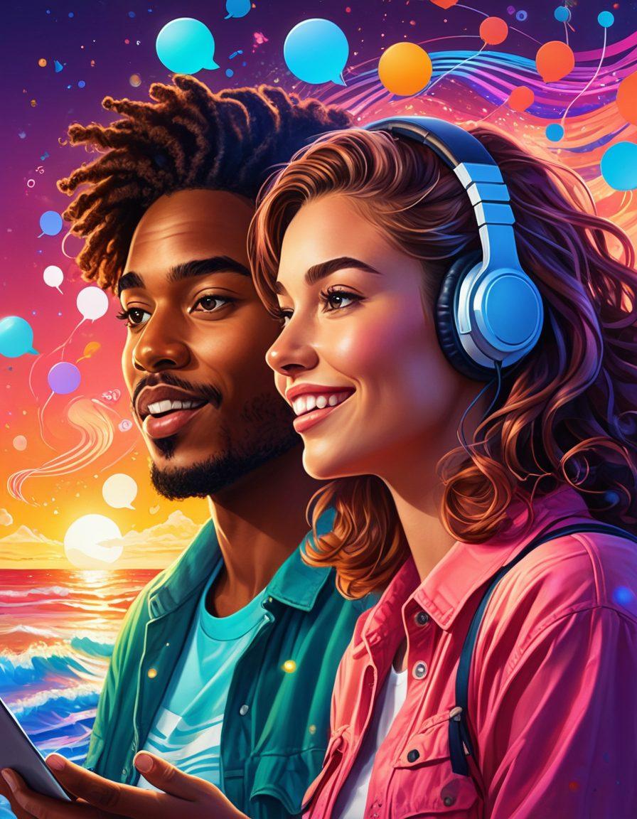 A vibrant, dynamic illustration of two diverse individuals engaged in a friendly online chat, surrounded by glowing chat bubbles filled with whimsical icons representing different topics. The background features abstract waves of color symbolizing connectivity, with radiant light accents enhancing the inviting atmosphere. super-realistic. vibrant colors. digital art.