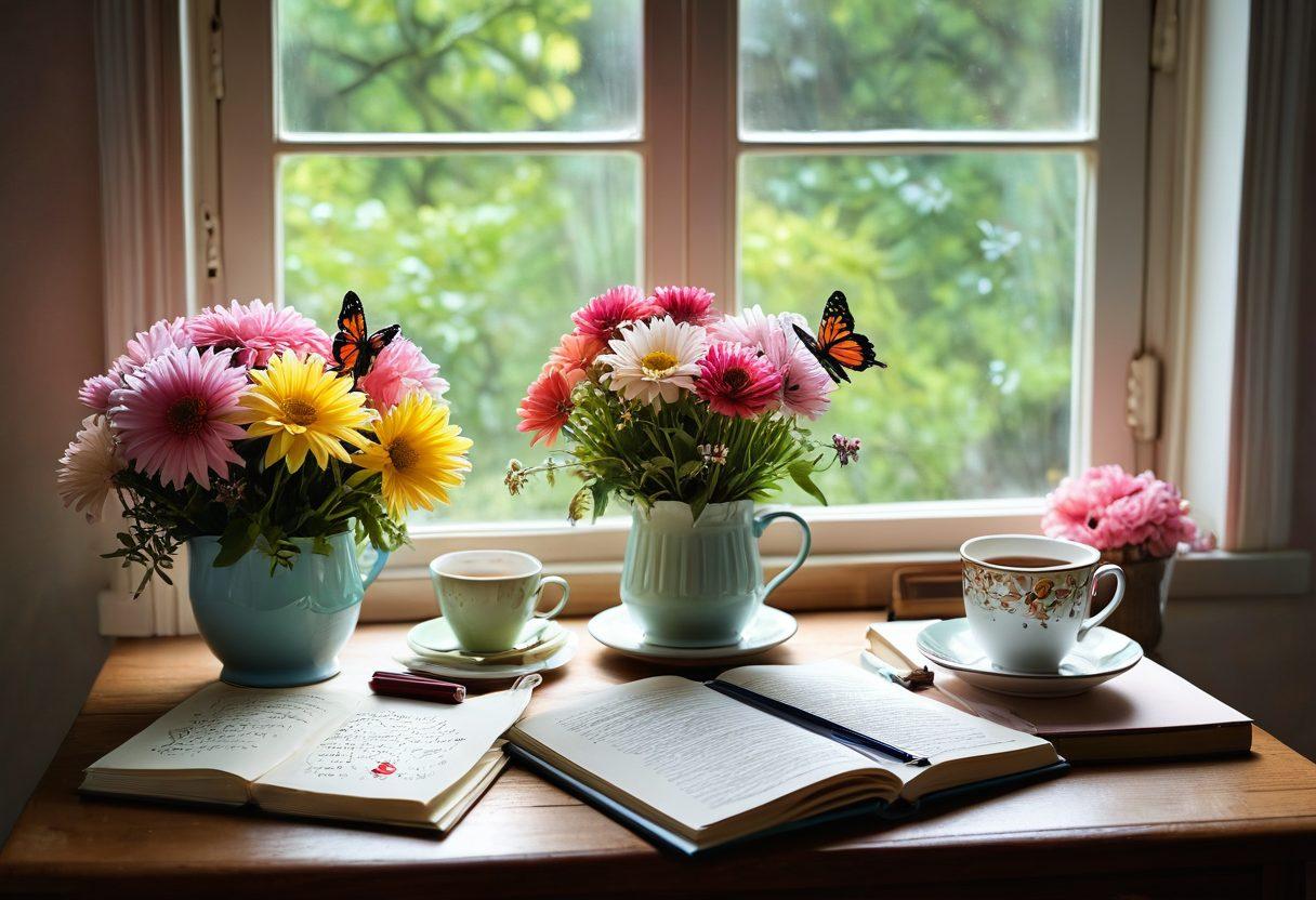 A beautifully arranged desk with colorful stationery, an open notebook filled with handwritten joyous messages, and a steaming cup of tea. Surrounding the desk are whimsical elements like flowers, butterflies, and light rays shining through a window, creating a warm, inviting atmosphere. The background features soft pastel colors that evoke happiness and creativity. super-realistic. vibrant colors. soft focus.